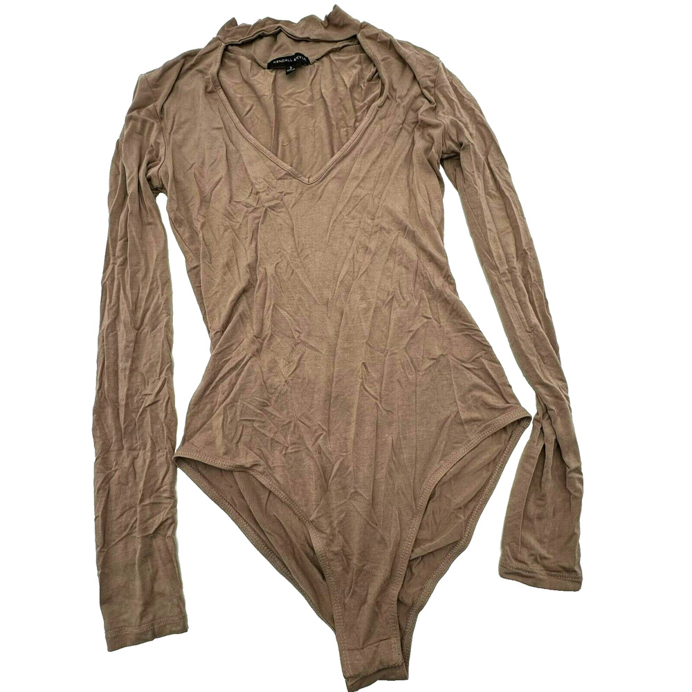 KENDALL & KYLIE | Small Tan Beige Choker Neck Cutout Long Sleeve Bodysuit